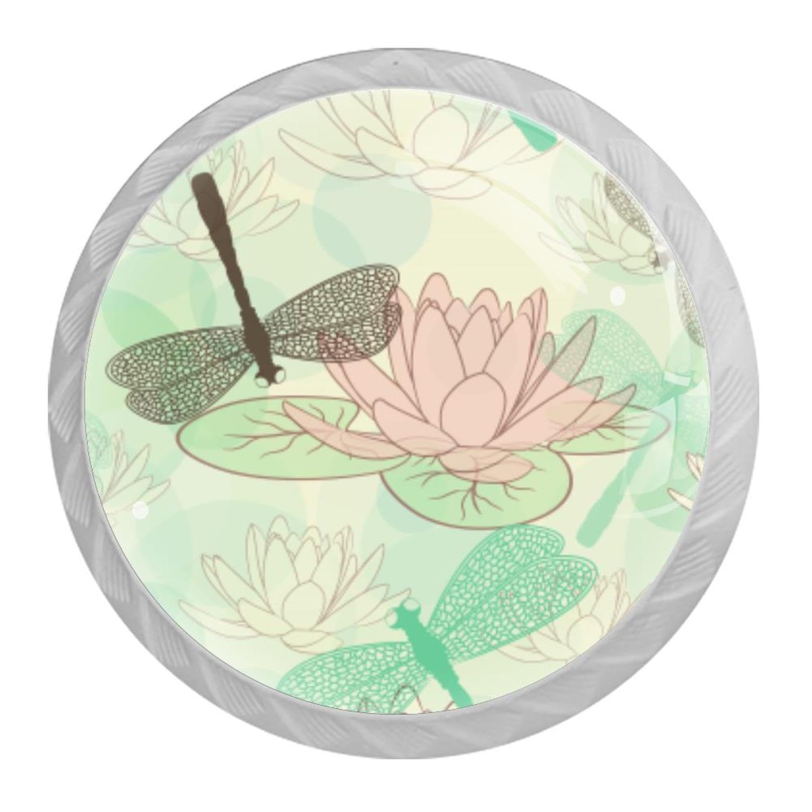 Tqmspg 4 Pieces Drawer Pulls Dragonfly and Flowers Door Knobs Dresser Handles for Kitchen Wardrobe Cupboard Hardware Furniture