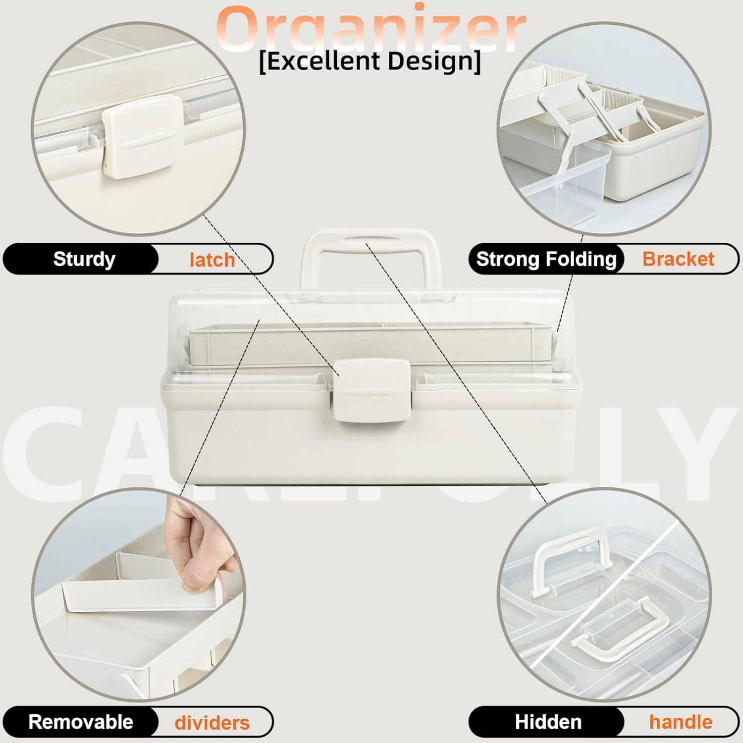 Organisateurs polyvalents à 3 couches avec séparateurs réglables, boîte de rangement portable, étui pliable pour médicaments, outils, couture (blanc, taille L)