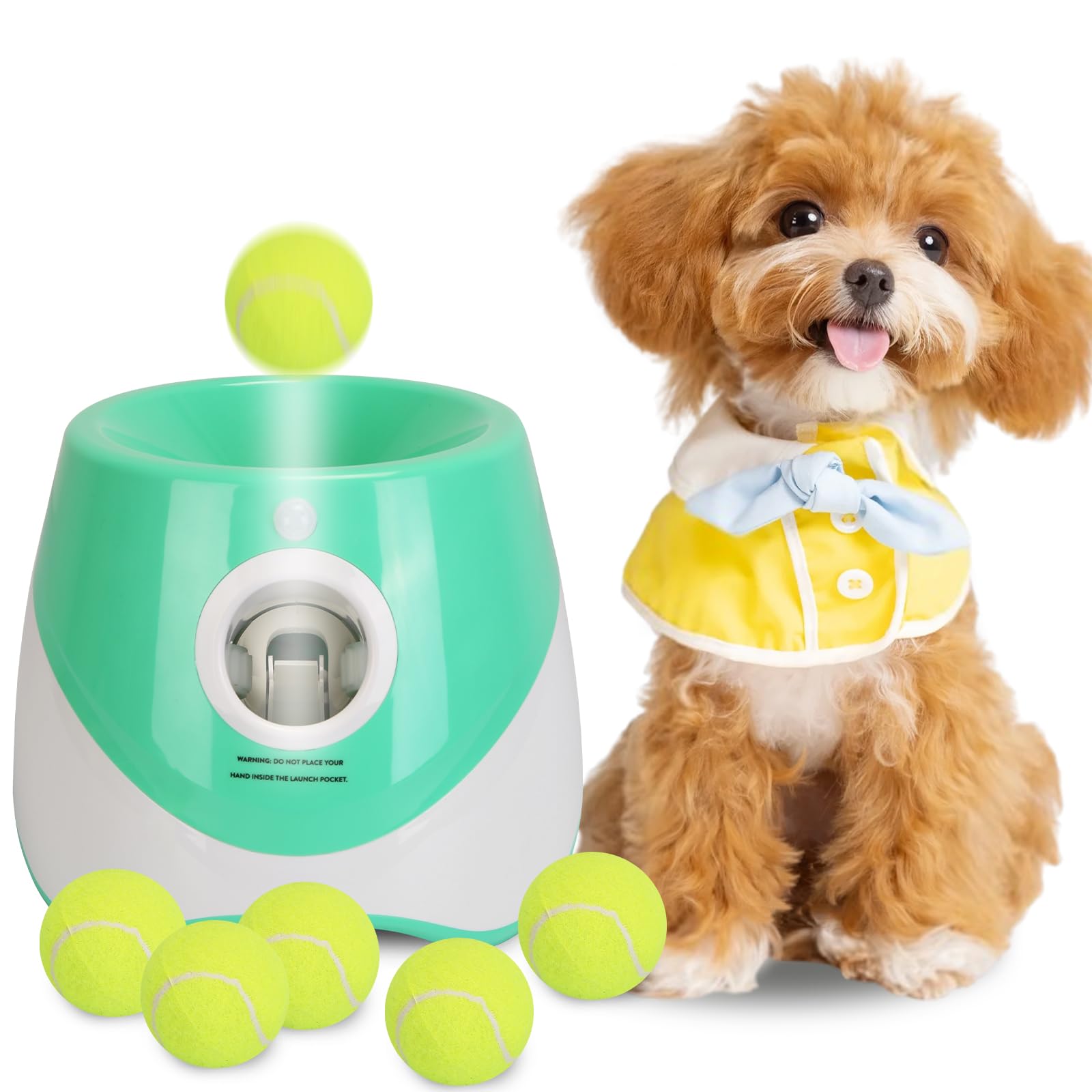 Lanceur de balles automatique pour chiens, lanceur de balles interactif pour chien avec 6 balles en ETPU de 5 cm, 3 paramètres de distance réglables (25 à 8 m), jouet d'entraînement pour intérieur et
