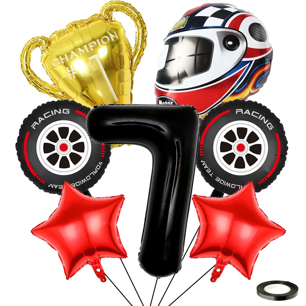 Kawailay 7 Year Racing Car Birthday Balloons 7th Racing Car Birthday Decoration Racing 7th Birthday Decoration Balloons Trophies Helmet Tyre Foil Balloon Black Number 7 Balloon for Boy Birthday Party