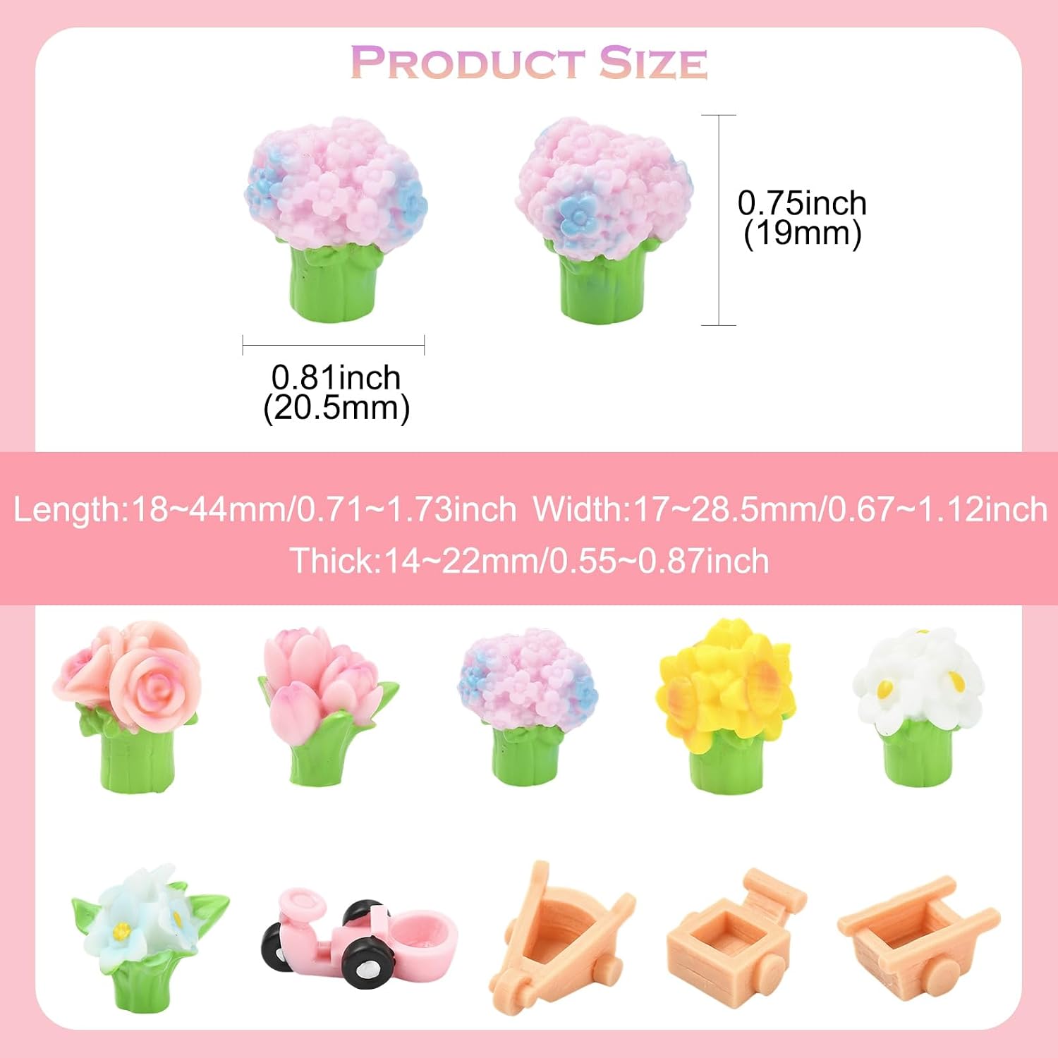 40 pcs 10 Styles Flower Cart Theme Resin Miniature Ornaments Rose Sunflower Tulip Floral Figurines for DIY Fairy Garden Micro Landscape Desk Office Decor image 2