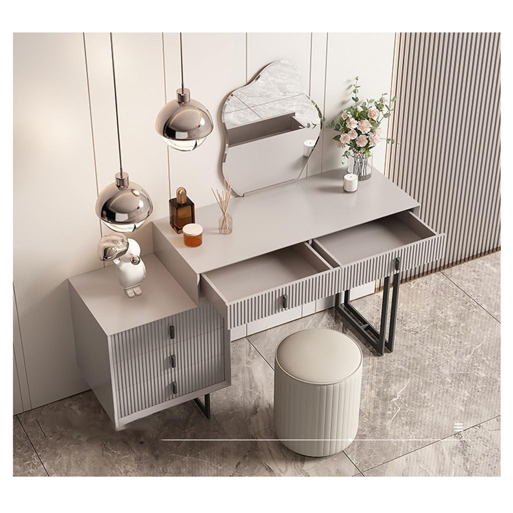 multifunction modern dressing table Modern Fold Out Desk Foldable Dresser Multifunctional Pullout Vanity Table with Drop Leaf Mirror & Vanity Stool in BrownHomary