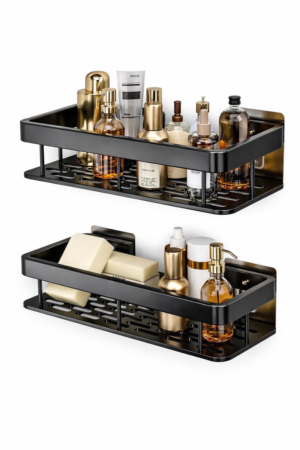 MEBISO Bathroom Shelf Organizer Set of 2, Aluminium Self Adhesive Wall Mounted Rack, No Drill Shower Caddy, Rustproof Storage Holder for Shampoo, Soap & Kitchen Use (Black)