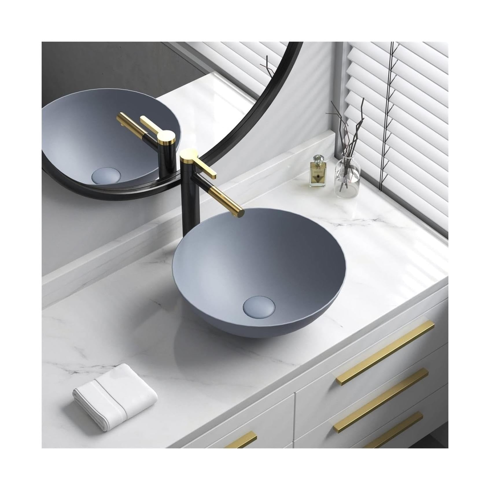 TIANQIHAO Ceramic Round Above Counter Vessel Sink, Countertop Bathroom Sink With Drain, Art Vanity Basin