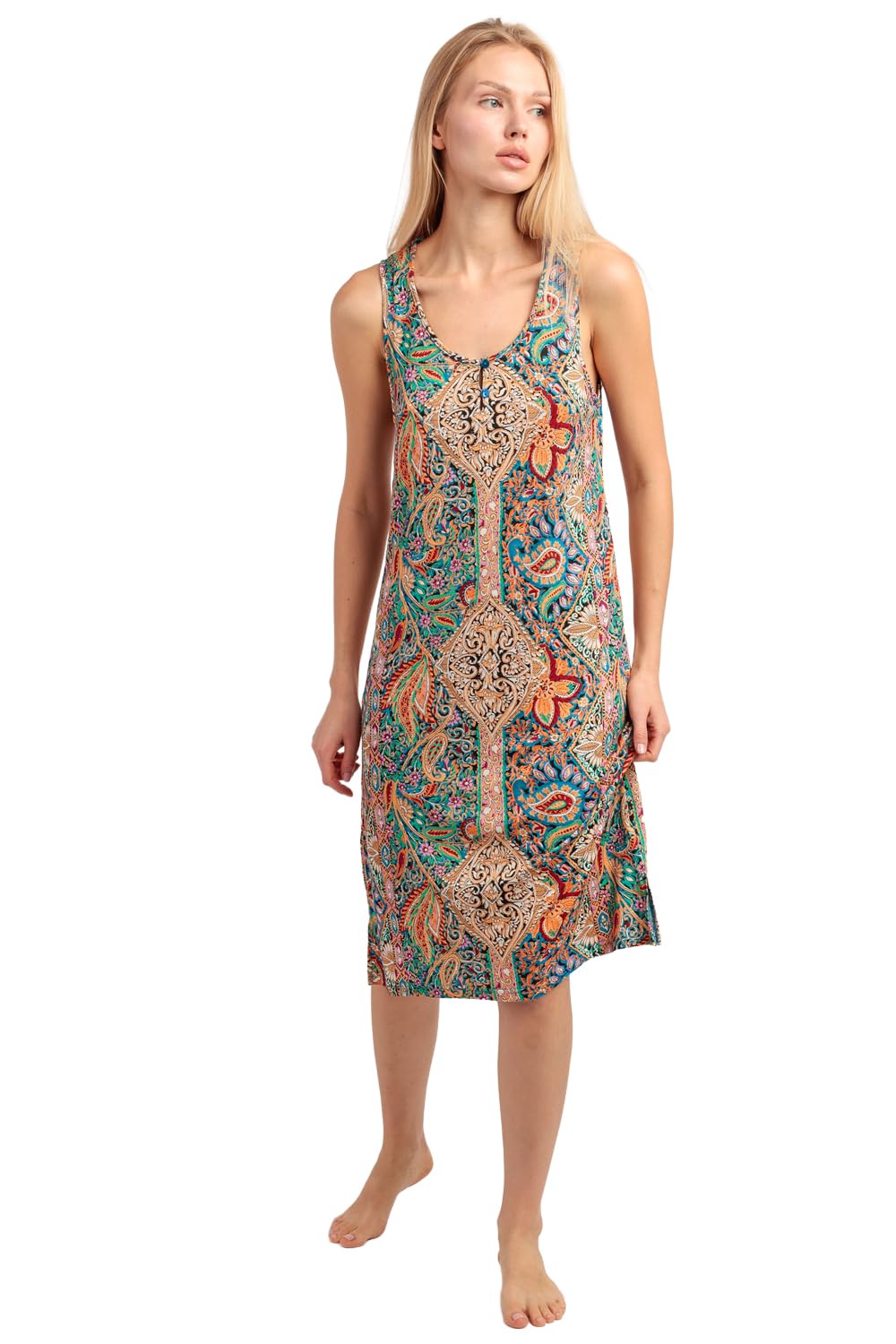 ADMAS Garden Camisola Mujer sin Mangas Garden Border de Viscosa con Cuello Pico Estampado Multicolor Detalle de Botones y diseño Ligero de Verano Multicolor Talla XXL
