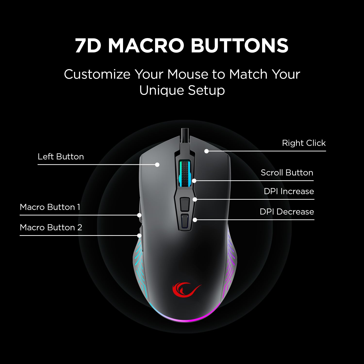 Rampage Spear V2 - Mouse da gioco cablato nero con illuminazione RGB, 12800 DPI, 7 pulsanti programmabili, mouse da gioco ergonomico leggero per giocatori di PC/Mac/laptop