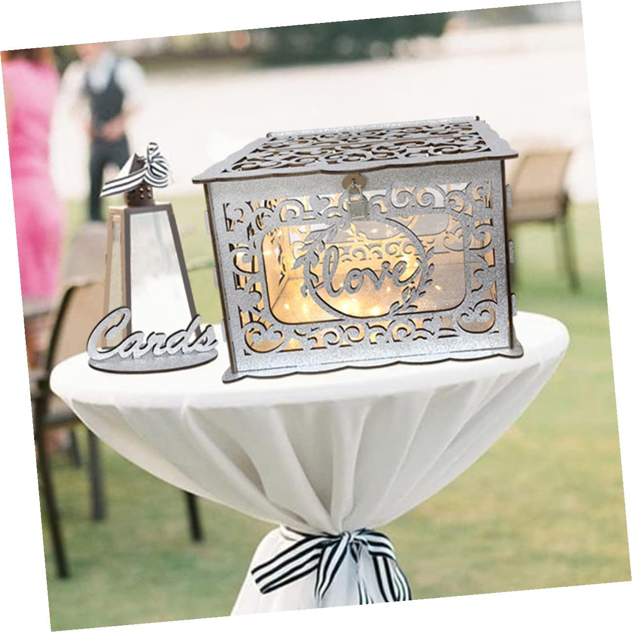Holibanna Wooden Card Box Hollow Glitter Wedding Reception Envelope Money Cards Holder Decorative Storage Box for Birthday Anniversary Graduation Events