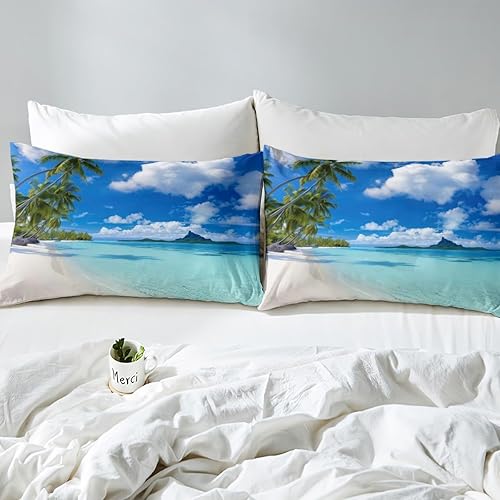 Miniatura 5 de Funda de edredón para cama de playa con diseño de nubes, diseño hawaiano de olas de palmera, isla tropical y playa de mar, naturaleza, con estampado