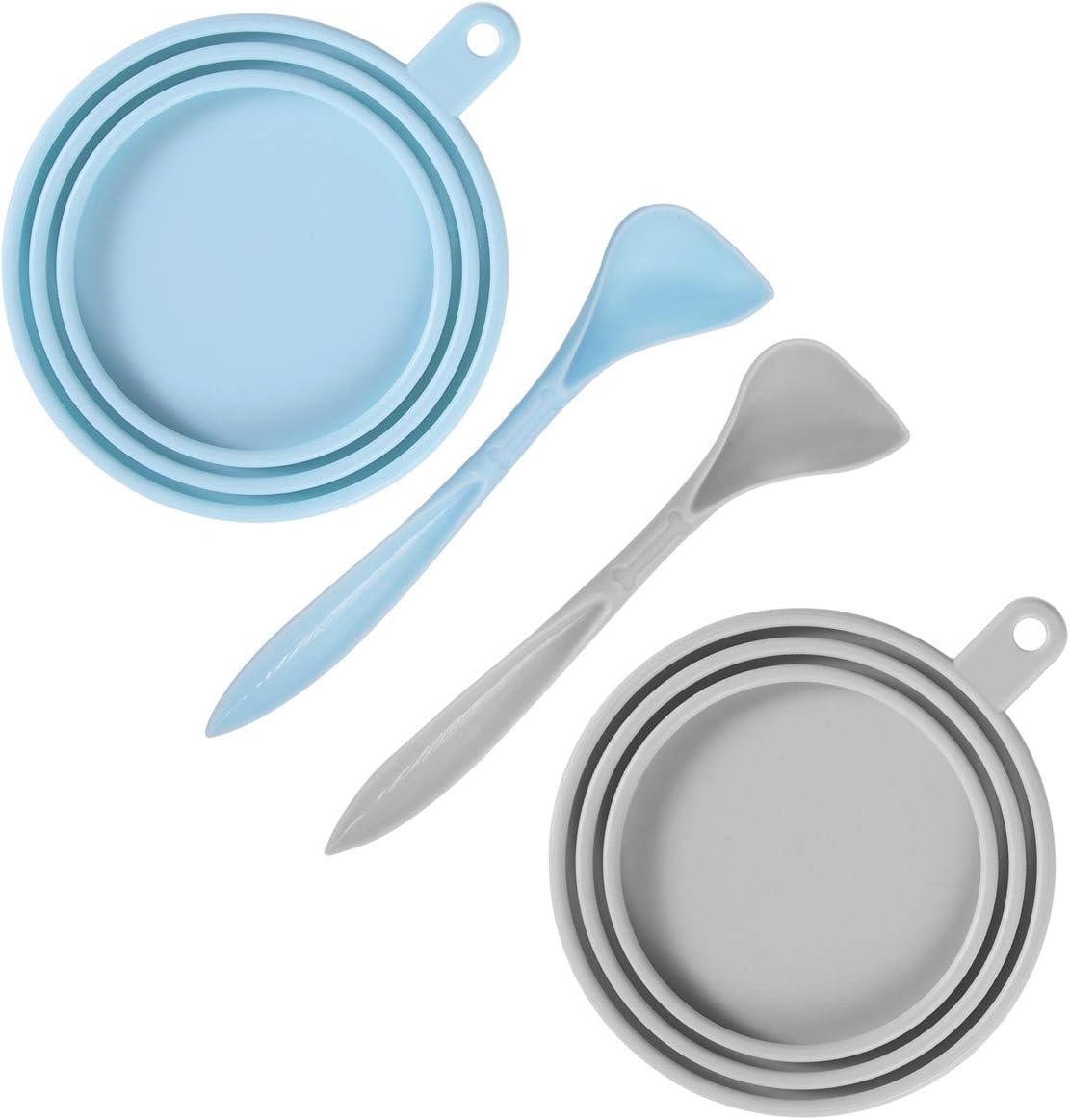 SLSON 2 Pack Pet Food Can Cover Universal Silicone Cat Dog Food Can Lids 1 Fit 3 Standard Size Can Tops with 2 Spoons,Light Blue and Grey