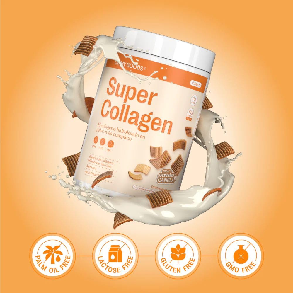 Colágeno con Magnesio, Ácido hialurónico y Biotina. Super Collagen sabor cereales de canela. Colágeno Tipo I y III de origen Bovino. El colágeno más completo.… (300 gr, Canela)
