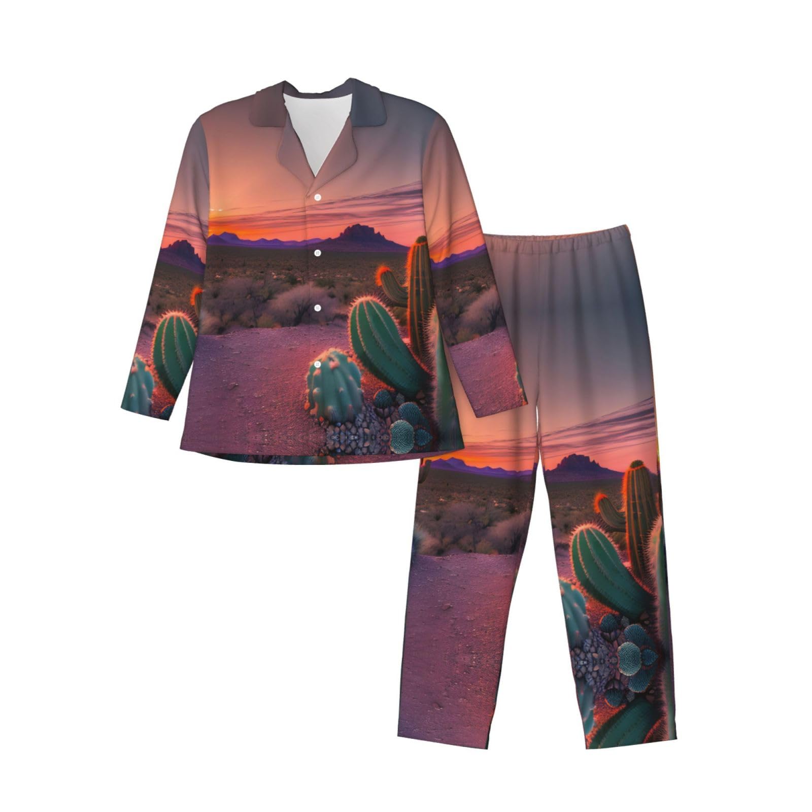 Set di pigiama da uomo morbido a maniche lunghe, motivo cactus desertico tramonto, nero, XL, Nero , X-Large