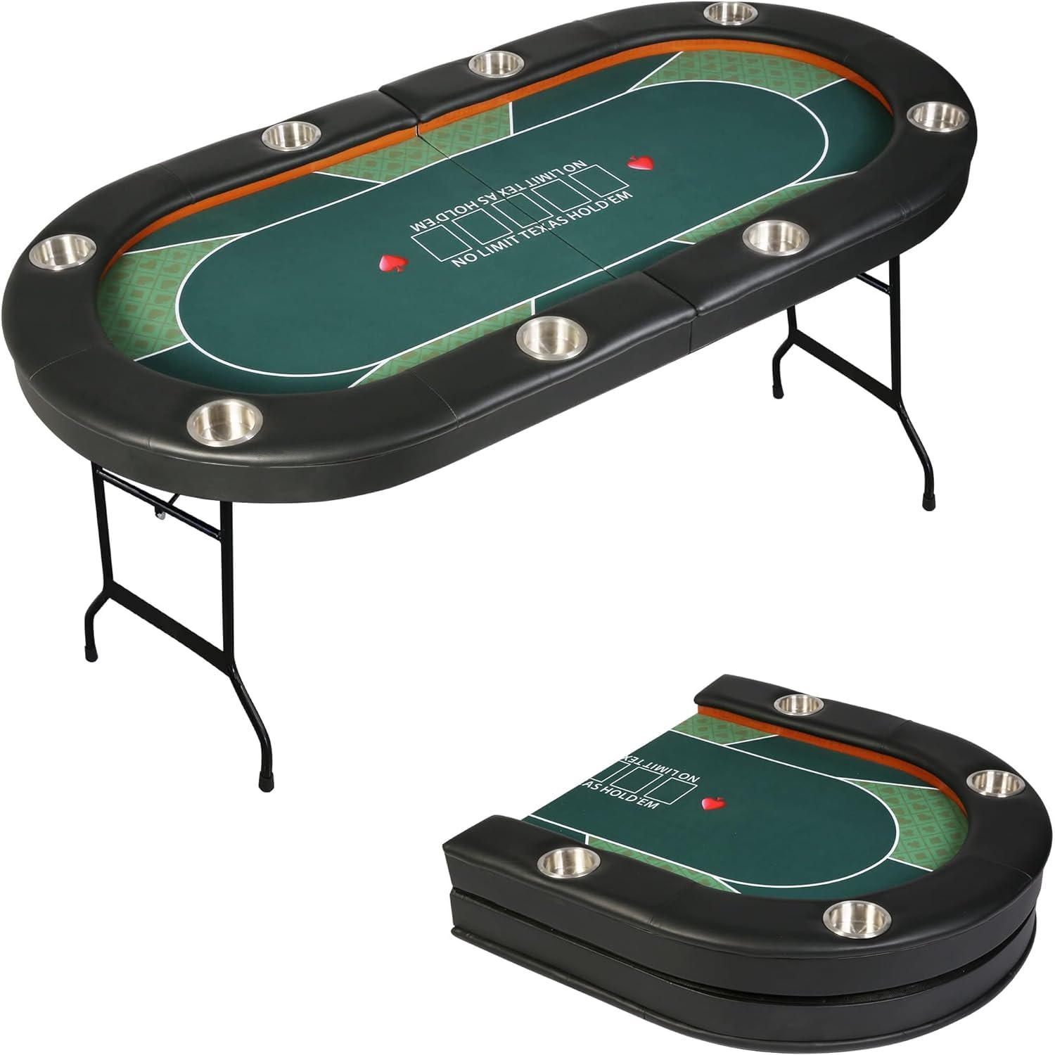 Upgraded 8- Player Foldable Poker Table for Blackjack Card Game, Portable Casino Table for Game Room with Stainless Steel Cup Holder, Padded Rails, Green Felt Surface