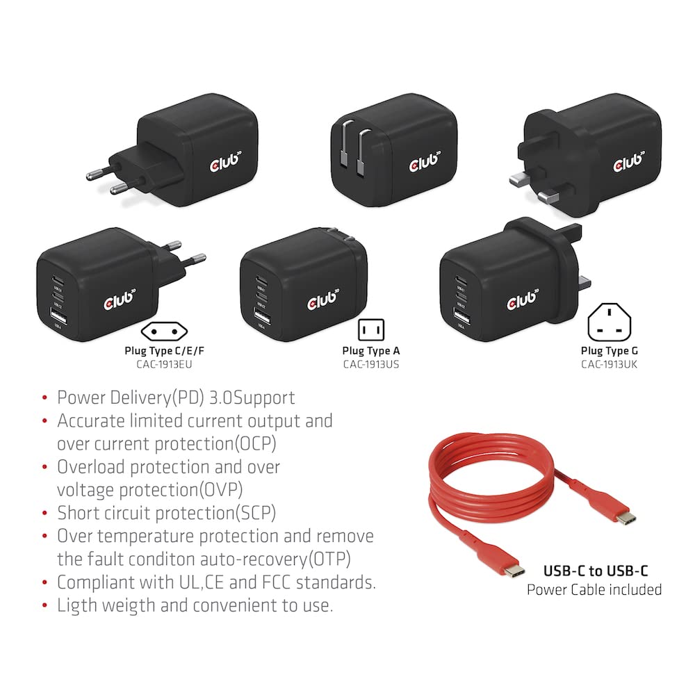 Club3D CAC-1913EU PPS - Caricabatterie da viaggio con tecnologia GAN da 65 Watt, tripla porta (2 USB Type-C + USB Type-A) Power Delivery (PD) 3.0