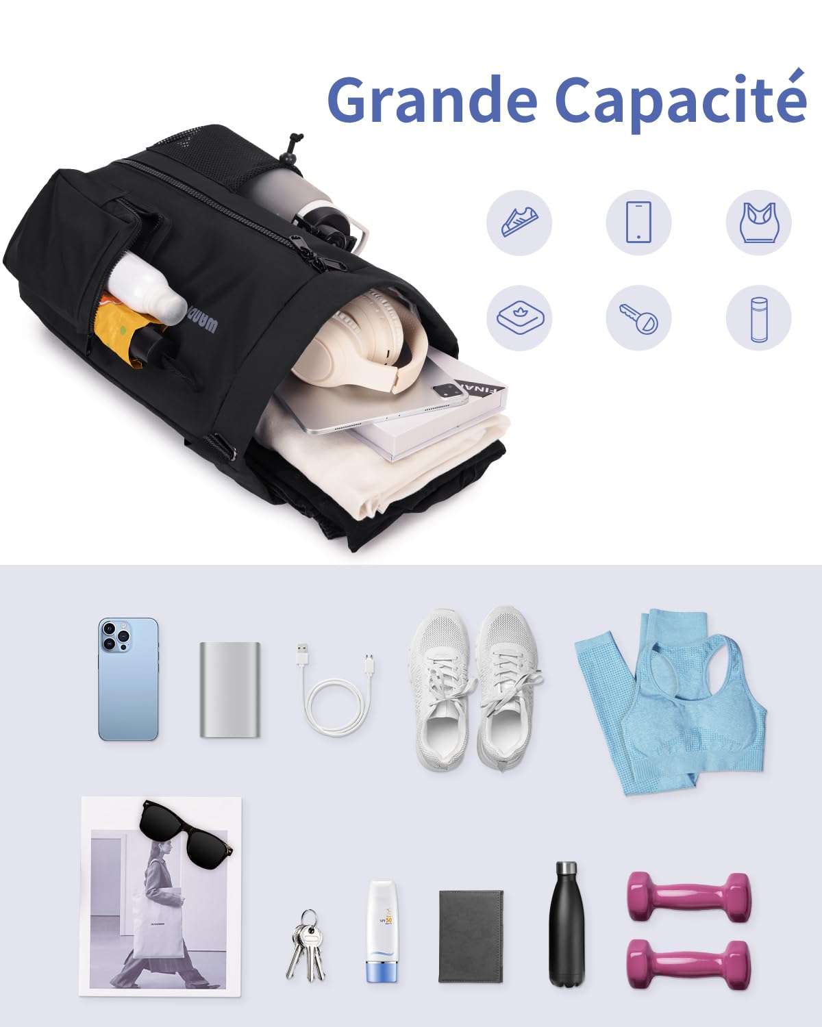 WANDF Sac à Cordon avec Compartiment à Chaussures, sac à dos sport Imperméable, Sac de Gym à Cordon pour Femmes Hommes Enfants, Grand Sac à Dos pour Sport Natation Voyages École (Noir)
