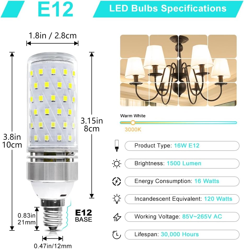 Super Bright E12 LED Bulbs, 16W 1500LM E12 Bulb, Nature White 4000K Lights, CRI80+, 120W Incandescent Bulb Equivalent, E12 Base Non-Dimmable LED Lamp, 12 Pack