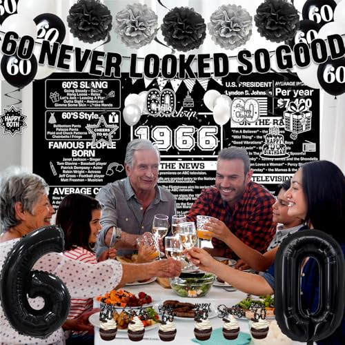 Image of Crenics Black 1966 60th Birthday Decorations for Men Women | Back in 1966 Backdrop, Banner, Paper Pom Poms, Hanging Swirls, Cake Topper and Balloons for 60 Birthday Party Supplies