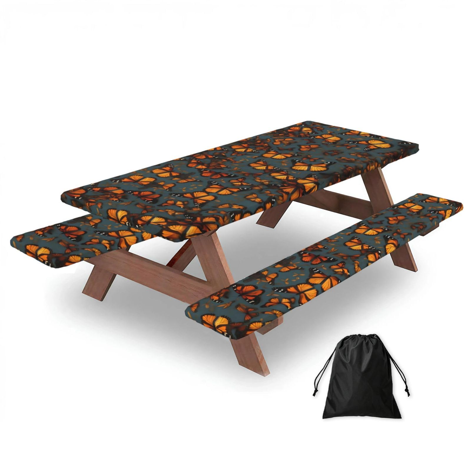 Zyjhyy Black Heaps Of Orange Monarch Butterflies Print 3 Pack Wipeable Picnic Bench Cover And Table Cover Lightweight Table Cloth For Camping Outdoor