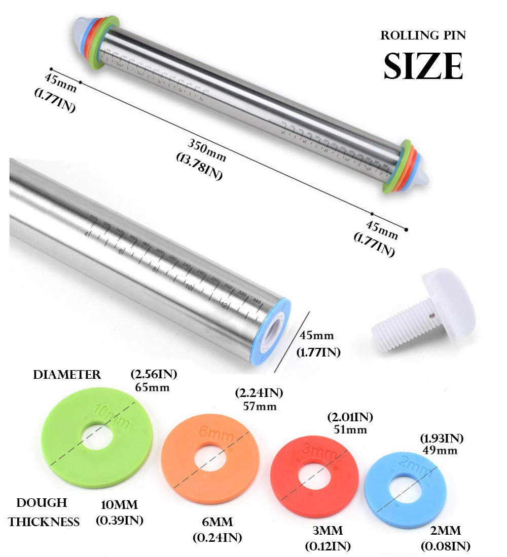 Rouleau à pâtisserie et tapis de pâtisserie en silicone Set Rouleau de pâte en acier inoxydable avec anneaux d'épaisseur réglables pour la cuisson