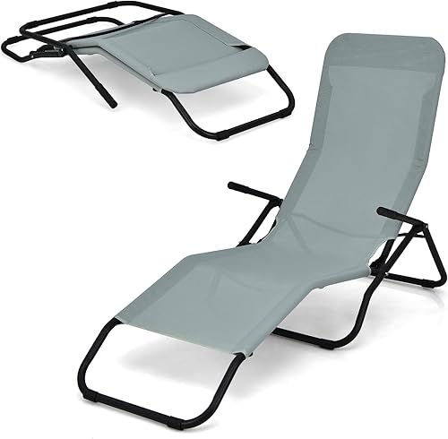 Miniatura 9 de Giantex Juego de 2 tumbonas para patio, sillas de jardín plegables y apilables con diseño mecedor, tumbona de bronceado ligera y portátil para
