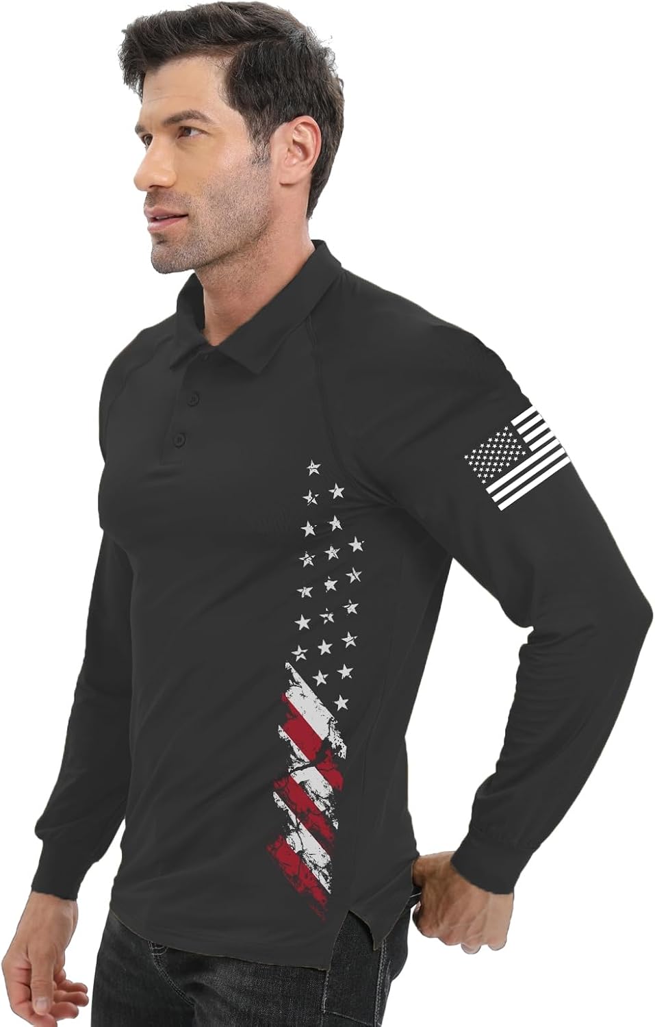 H HYFOL Long Sleeve Polo Shirts for Men Graphic Stretch Casual American Patriotic Raglan Golf Polos for Men - Image 4