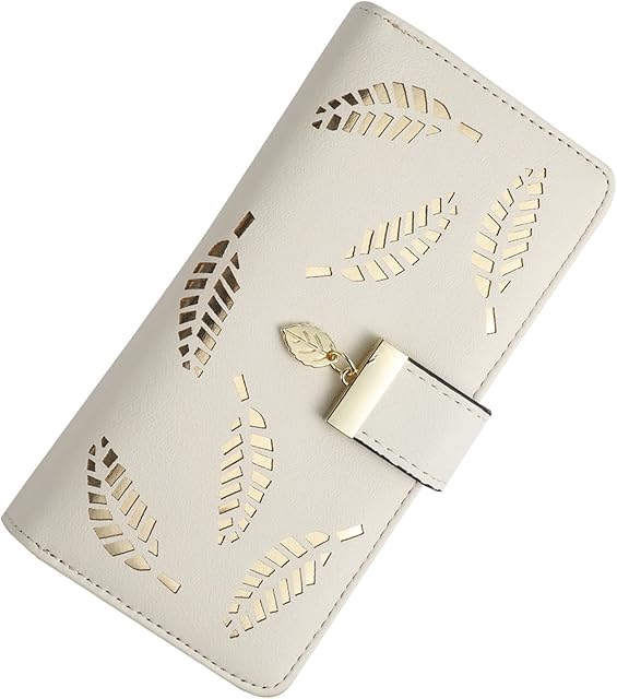 kuou Leather Long Purse, Cute Women Leather Wallet Purses Women Fashion Long Purse Ladies Purse with Leaf Pendant Zipper for Women(Apricot)