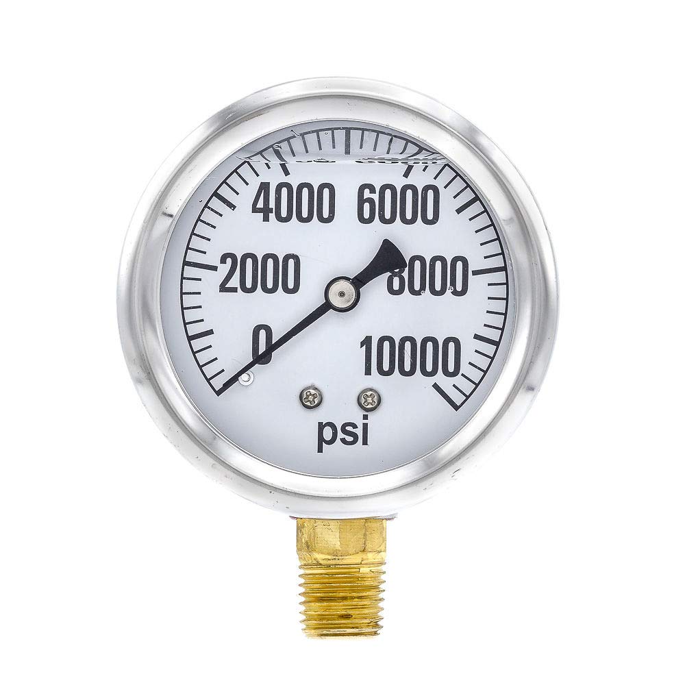 PIC Gauge AG-201L-254U 0-10,000 PSI Pressure Gauge, 2 1/2" Dial, 1/4" Male NPT Connection, Bottom Mount, Single Scale, Glycerin Filled, Stainless Steel Case/Bezel, Brass Internals & Plastic Lens