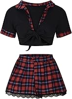 Vista 9 de Borniu Lencería para mujer, juego de rol, lencería sexy para estudiantes, disfraz de estudiante transparente con lazo frontal y falda a cuadros