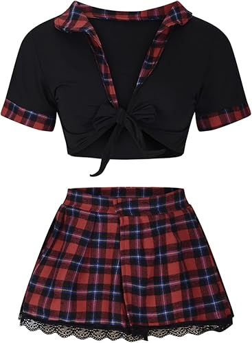Miniatura 9 de Borniu Lencería para mujer, juego de rol, lencería sexy para estudiantes, disfraz de estudiante transparente con lazo frontal y falda a cuadros