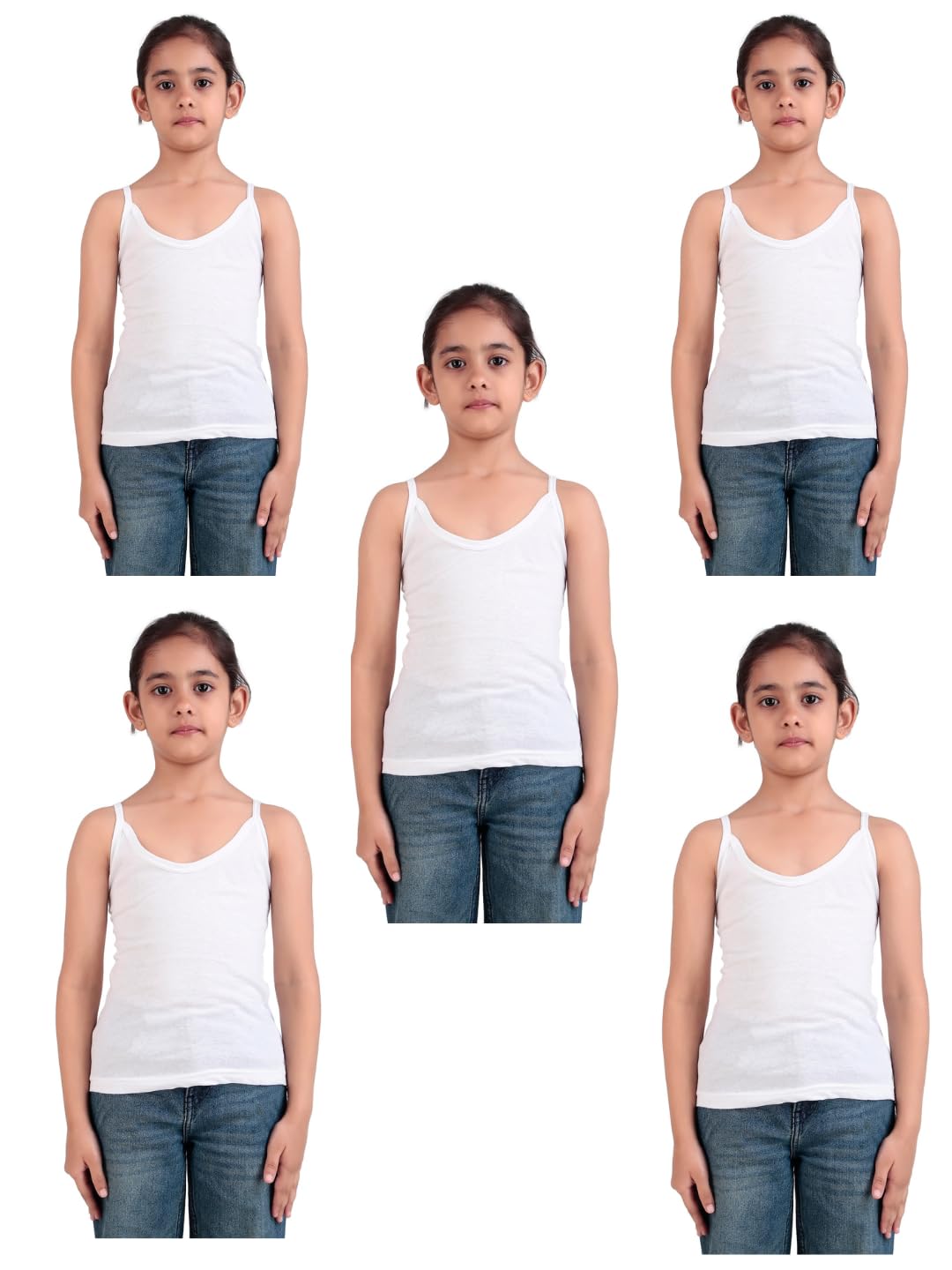 Girls White Camisole Pack of 5 | 100% Cotton Soft & Breathable Innerwear | Comfortable Lightweight Vest Top for Girls
