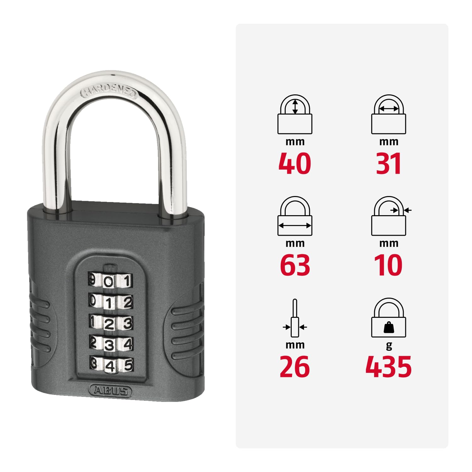 ABUS Cadenas à combinaison 158/65 - Cadenas avec boîtier en fonte de zinc - avec code numérique réglable individuellement - niveau de sécurité 8 - gris foncé