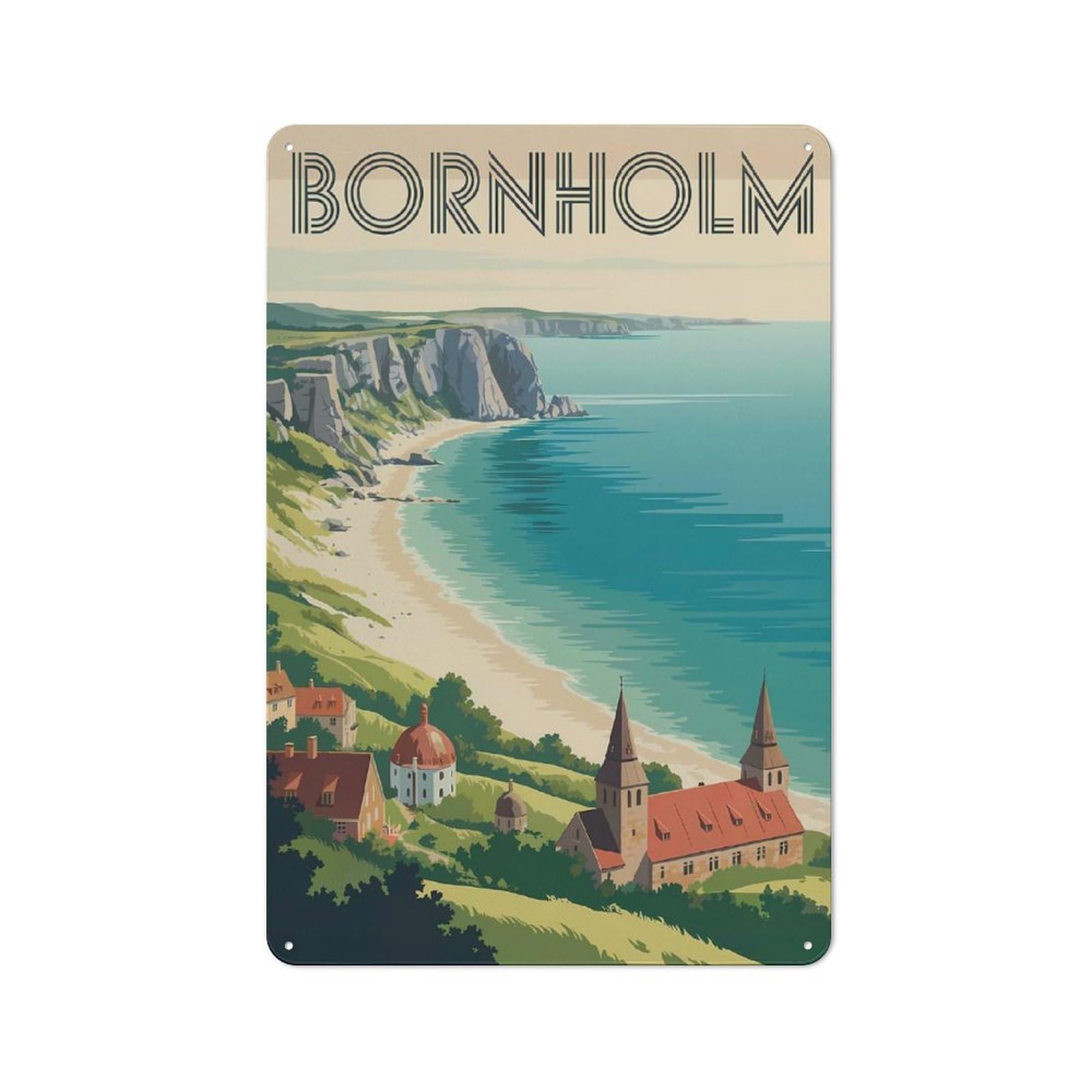Junmoney Style-15 Rustic Tin Sign 30X20cm Featuring Bornholm Travel (3) For Living Room Wall, For Room Styling Across Living Rooms And Feature Walls