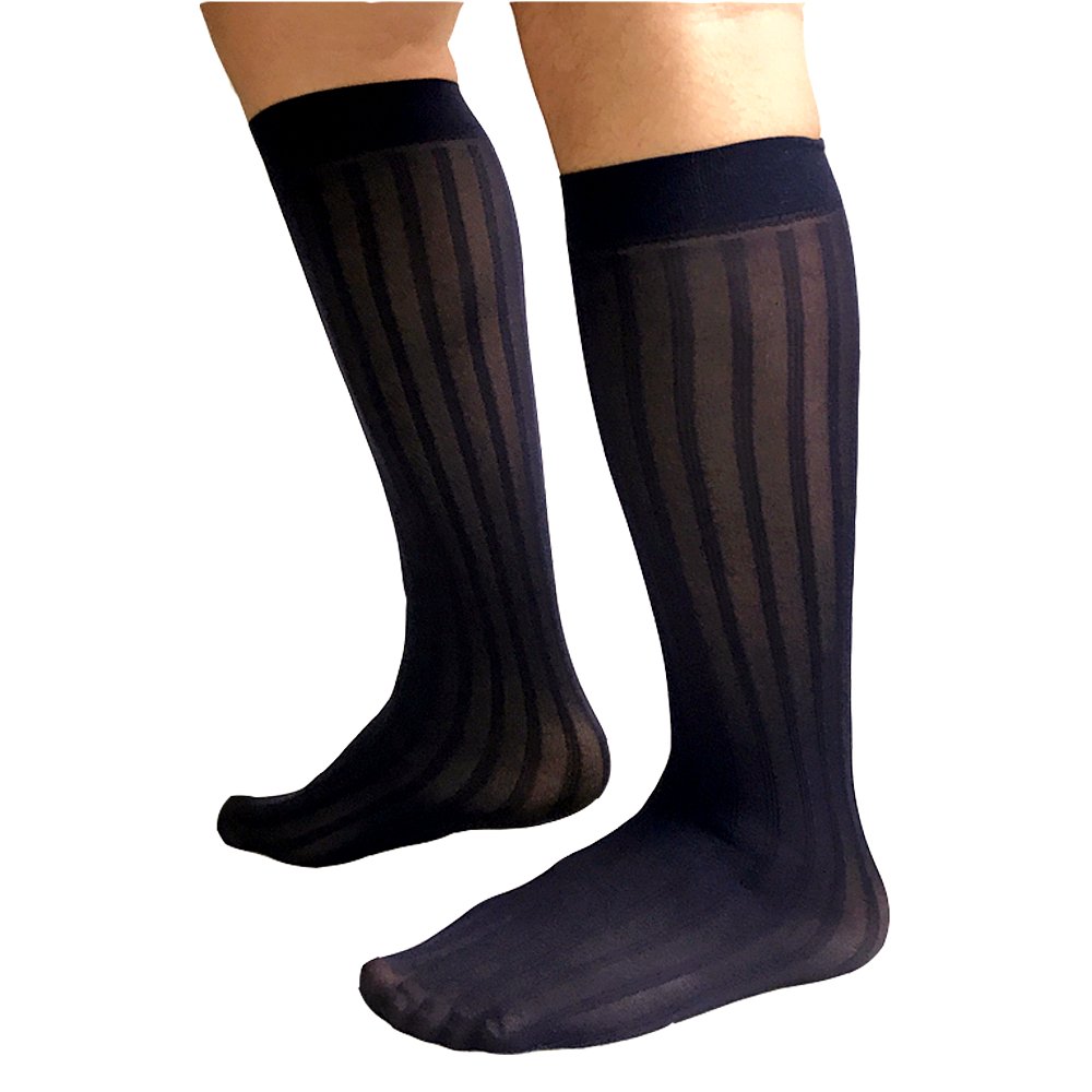 Mr.babuu3Pairs Pack Men's OTC Long Wide Striped Nylon Sheer Silk Dress Boots Socks, Navy, One Size