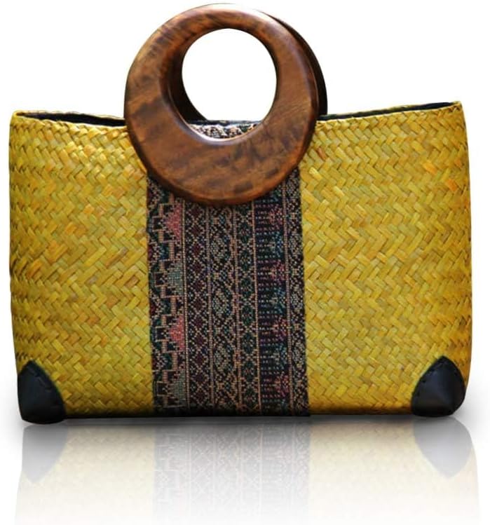Women Summer Retro Straw Bag with Printing Pattern Hand-woven Beach Handbag Top Round Handle Boho Tote Bag Shopping Travel Large Bag (Yellow 2)