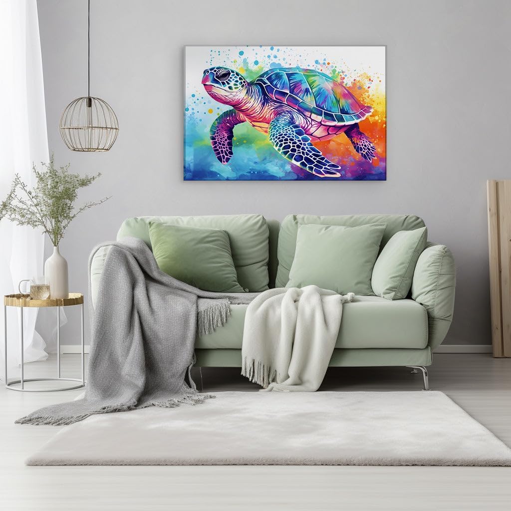 Canvas for Living room. Dive into Chromatic Wonders: A Turtle's Underwater Rainbow Odyssey, 27 x 18 inch Canvas Wall Art - Nautical Inspirations - Modern Home Decor