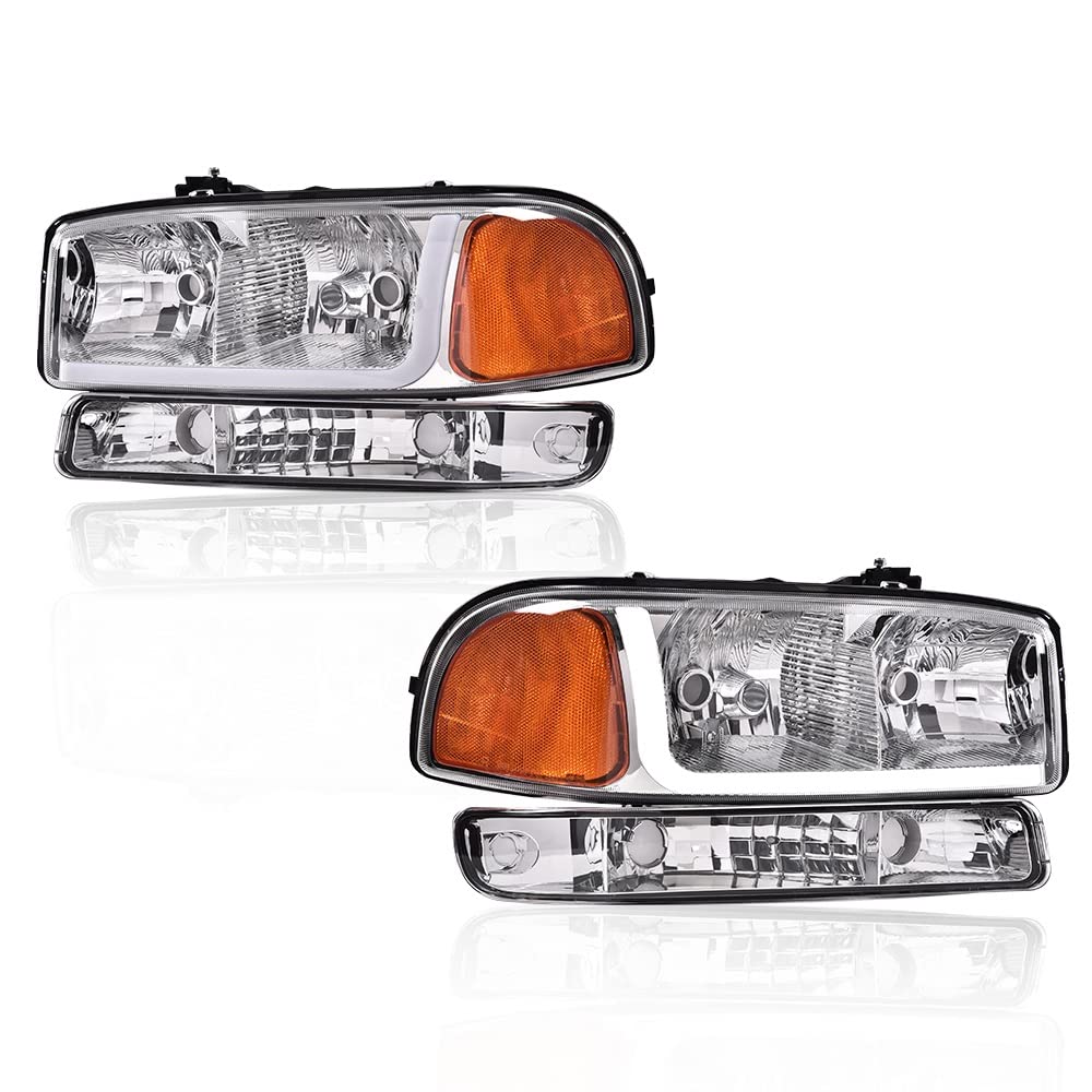 GRAND ORANGE Led Drl Headlights, Compatible with 1999-2007 Gmc Sierra 1500/1999-2006 GMC Yukon XL 1500 2500 Black Clear Headlights W/Bumper Signal Lamps（Clear lens Chrome Housing Amber Reflector）