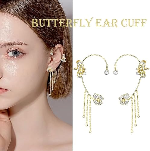 Miniatura 2 de 1pc Butterfly Tassel Style Zircon Earrings with 1pc Lymphvity Magnetherapy Moonstone Earrings, Lymphatic Drainage Non Piercing Double-Sided Earrings