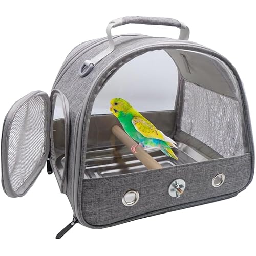 Bird Travel Carrier with Stand Perch and Stainless Tray,Portable Small Bird Parrot Parakeet Cockatiel Carrier for Hiking,Airline Approved. (Grey)