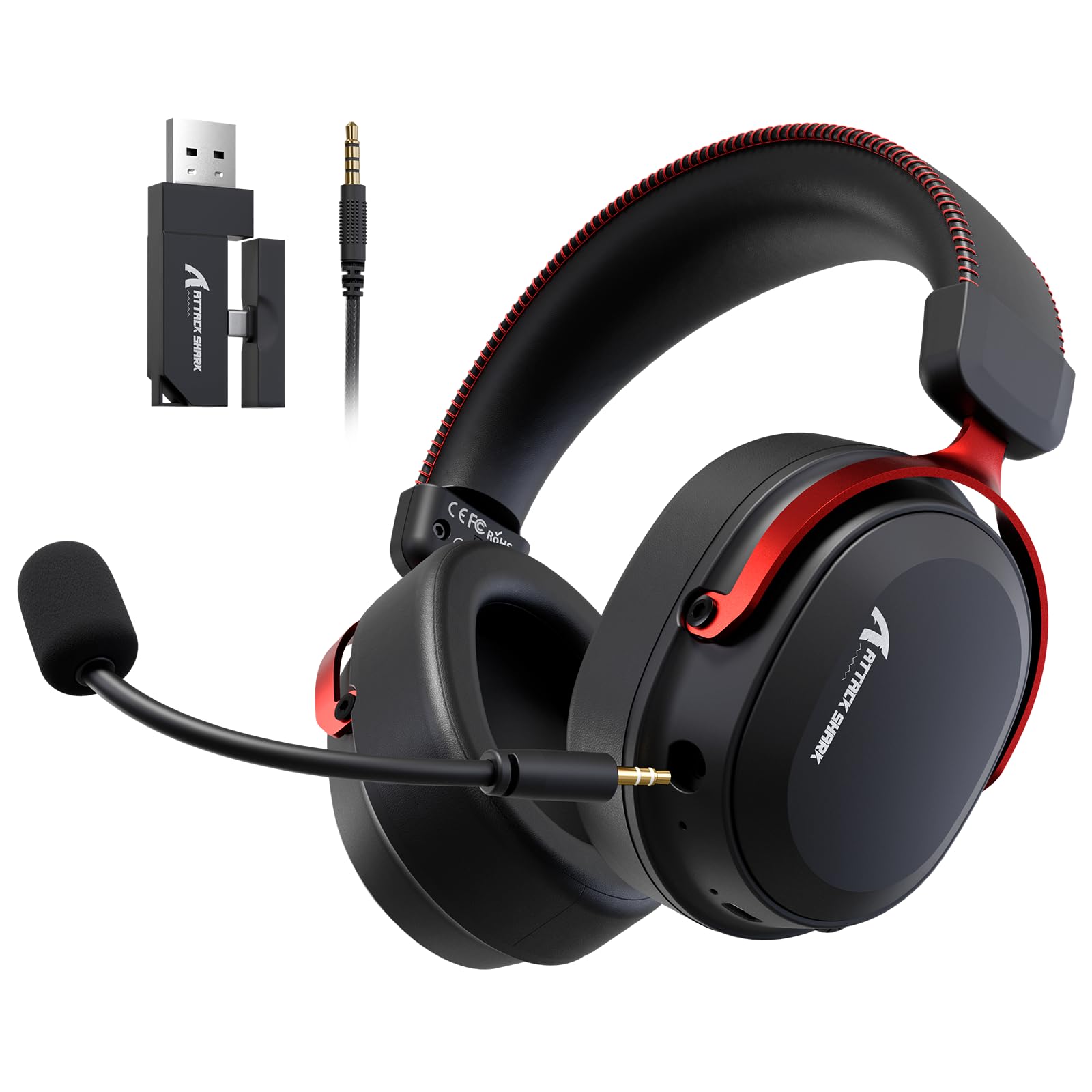 ATTACK SHARK L30PRO Auriculares Gaming Inalámbricos, Sonido Surround 7.1 Drivers 50mm, 3 Modos 2.4G/BT 5.3/Cable con Micro Desmontable para PC/PS/Xbox/Switch, 84H de Juego-Negro Rojo