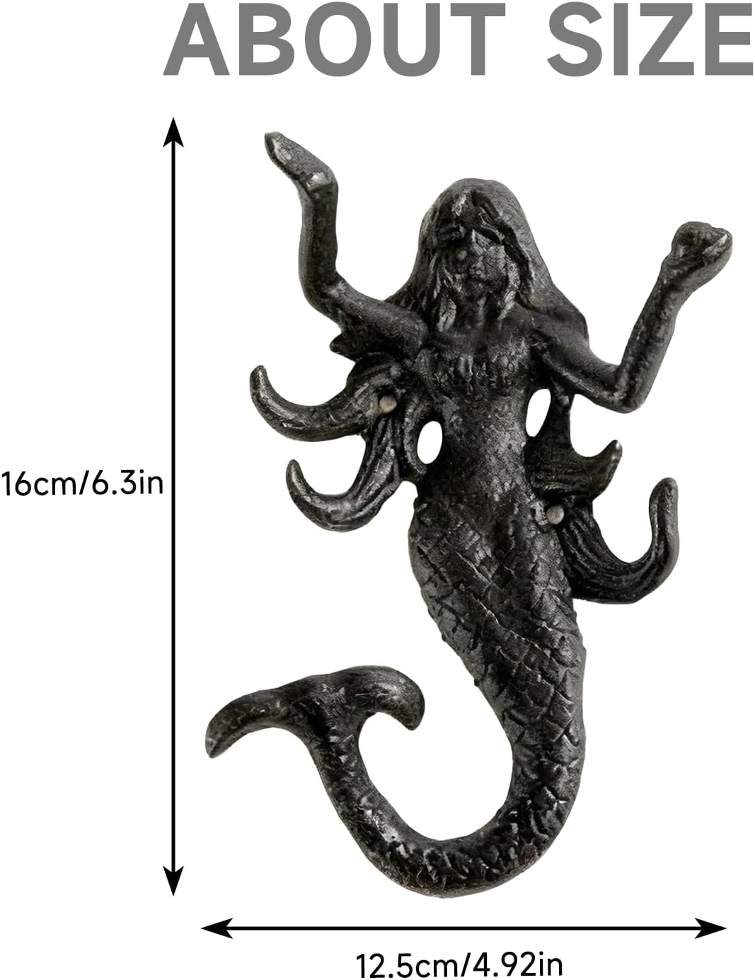 Cast Iron Mermaid Wall Hooks, 1pcs Nautical Ocean Theme Wall Mounted Hanging Racks Heavy Duty Decorative Coat Hooks for Keys, Towels, Clothes, Scarf, Bag