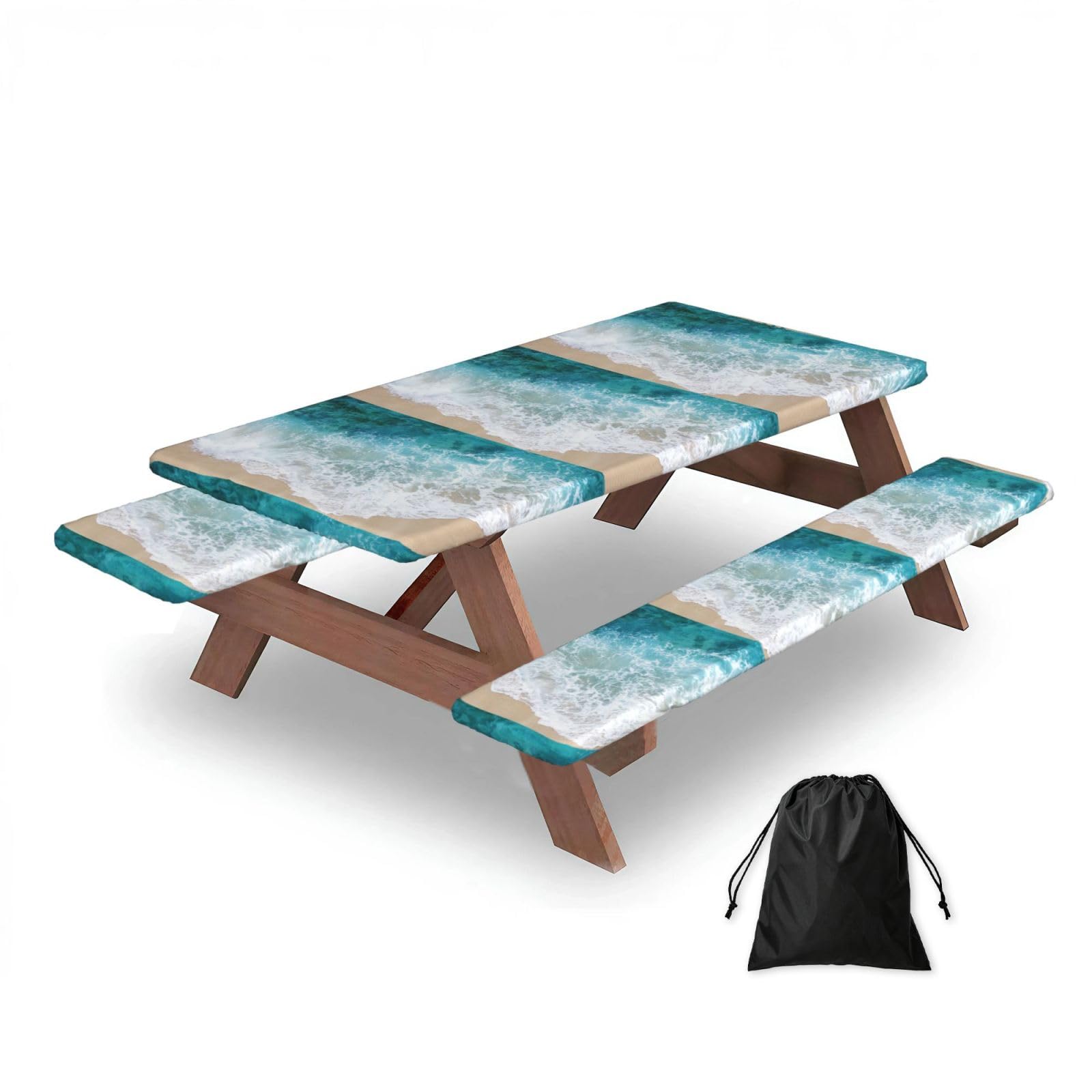 Beautiful Ocean Waves, Picnic Table Cover With Bench Covers -Waterproof Elastic Fitted Tablecloth for Garden Camping Patio 76x152cm