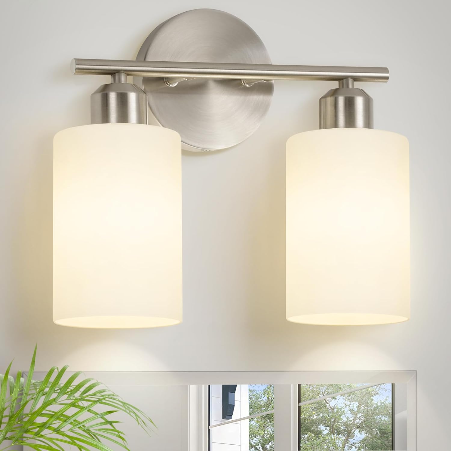 Brushed Nickel Bathroom Light Fixtures, 2-Light Modern Vanity Light Over Mirror, Wall Sconces with Milky White Frosted Glass Shades for Hallway, E26