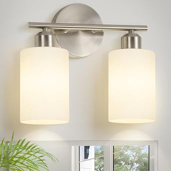 Brushed Nickel Bathroom Light Fixtures, 2-Light Modern Vanity Light Over Mirror, Wall Sconces with Milky White Frosted Glass Shades for Hallway, E26