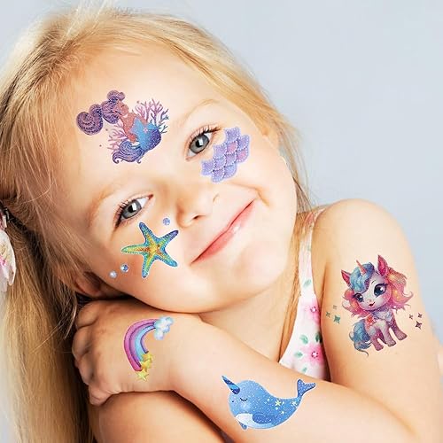 Miniatura 4 de Hohamn Tatuajes temporales con purpurina para niñas, más de 120 estilos, tatuajes falsos de sirena para niñas y niños, suministros de fiesta de