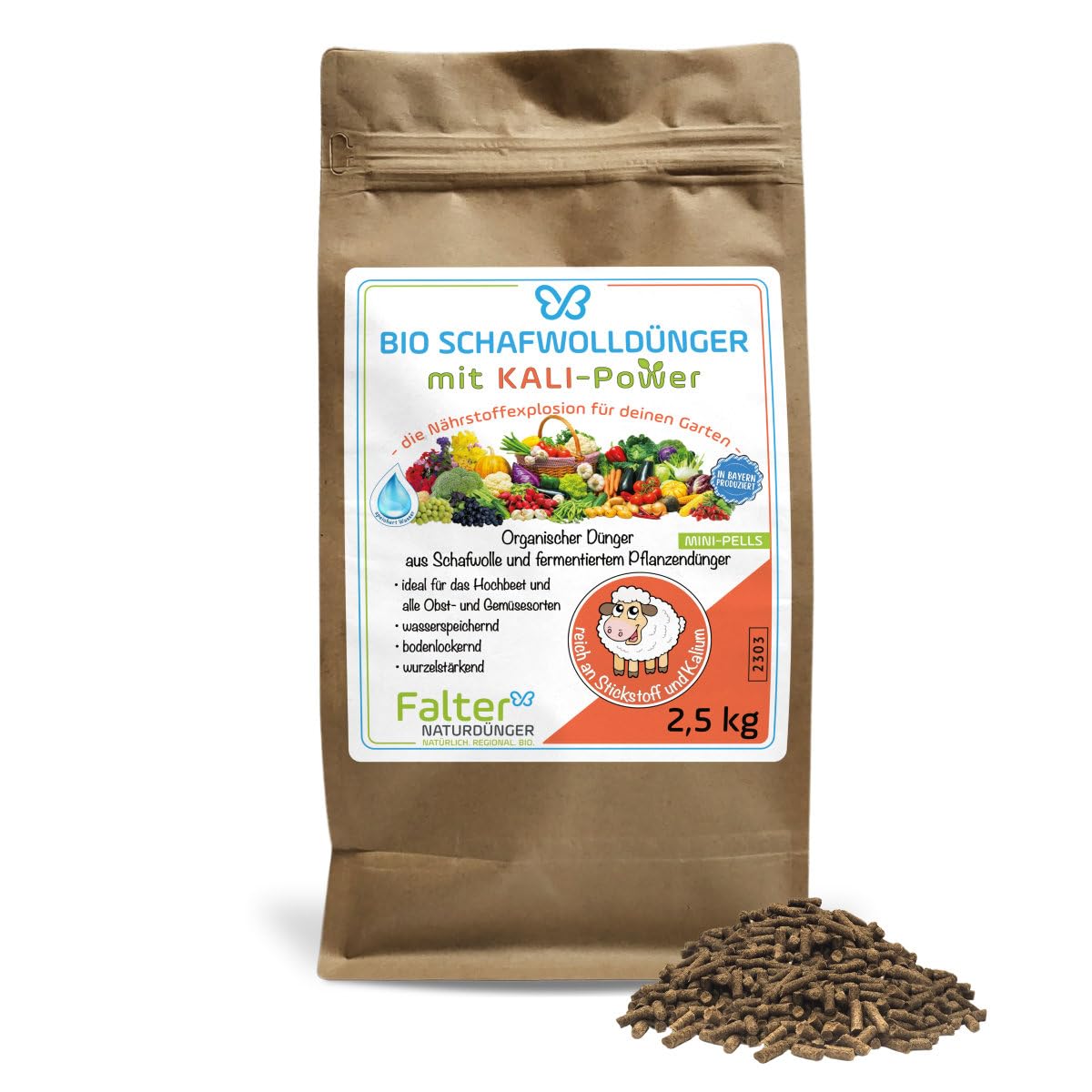 Falter BIO Schafwolldünger mit KALI-Power 2,5 kg - Gemüse- & Hochbeetdünger und zum Pflanzen von Hecken und Rosen