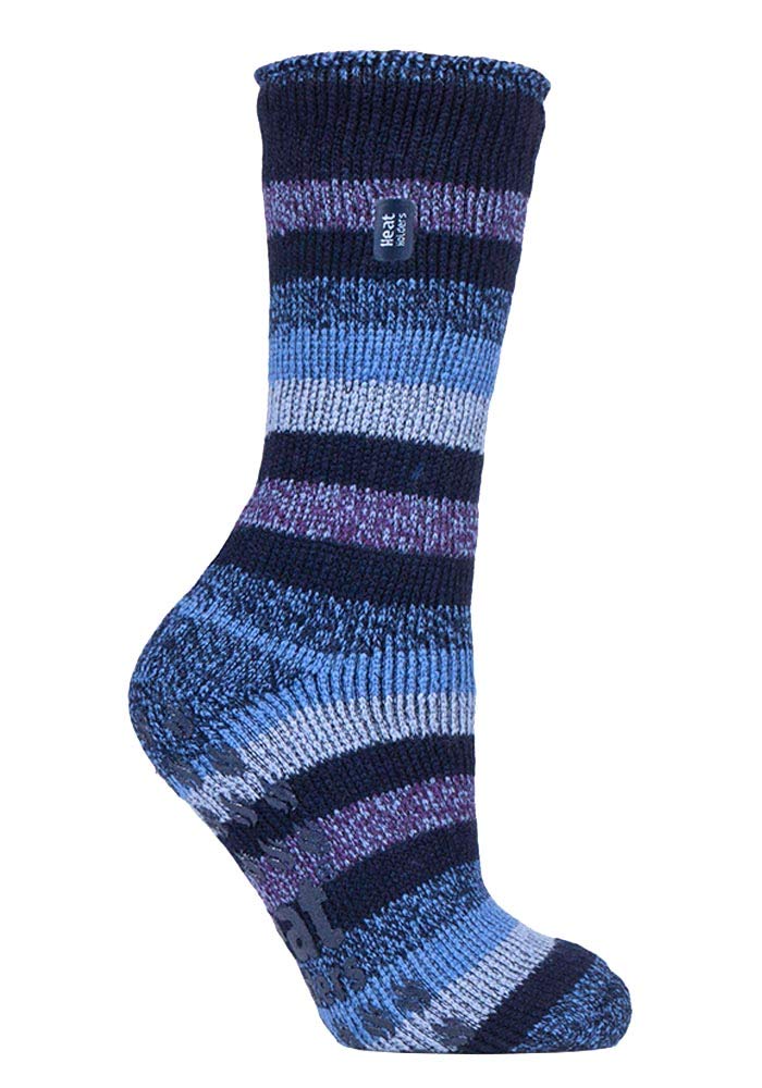 Sock Snob Unisex Navy Stripe (Juniper) Heat Holders Ladies Striped Thermal Socks With Grips