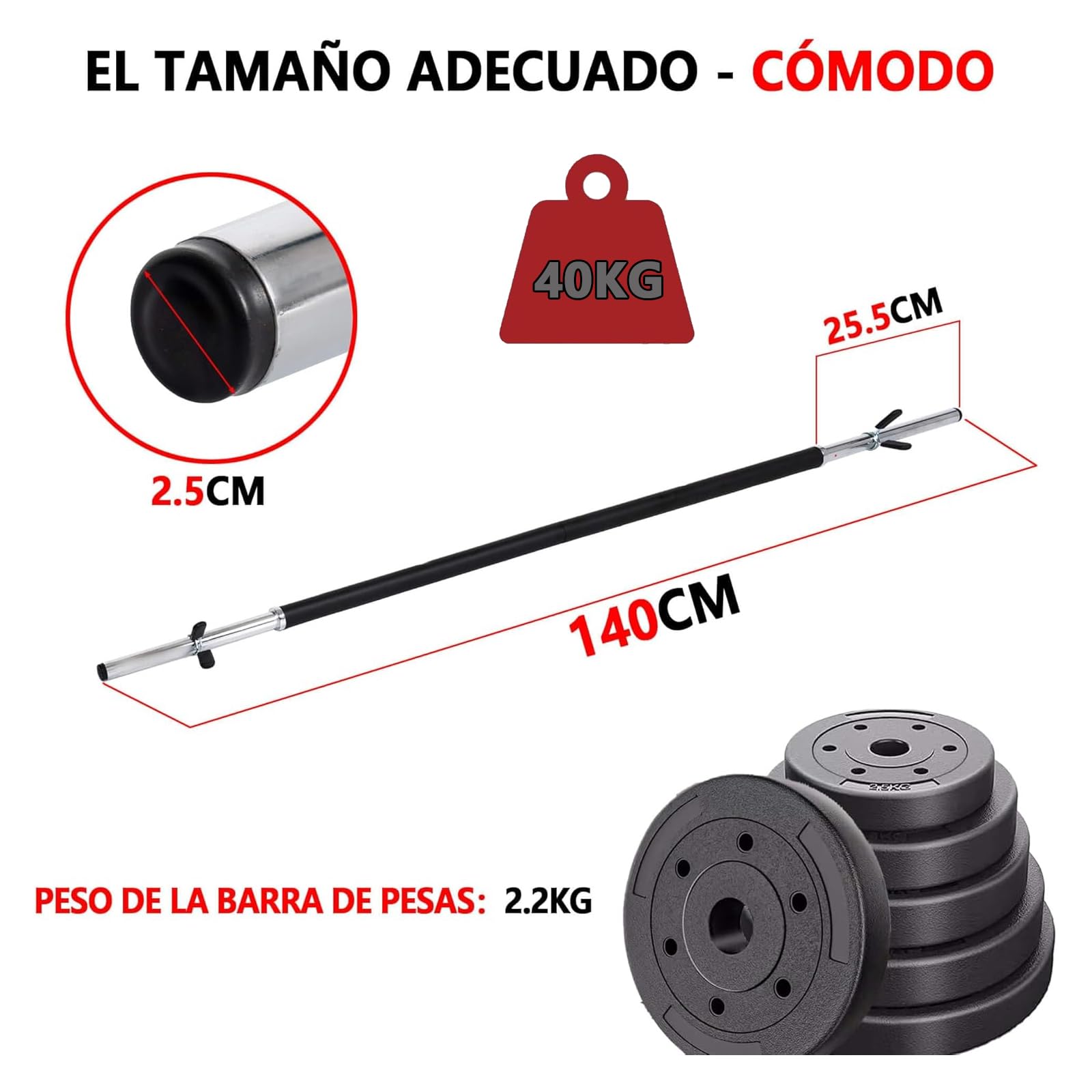 Barra de Pesas, Barra Recta Desmontable Ø25mm 140cm, Acero Resistente, 2 Cierres para Mancuernas, Espuma Antideslizante, Barra Olimpica para Fitness Gimnasio en Casa