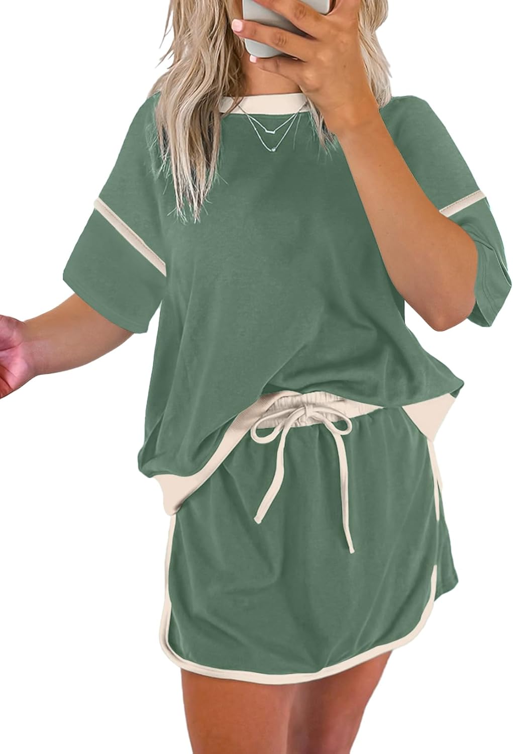 Two piece summer set with short sleeve top and skirt