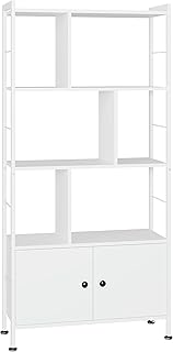 4 Tier Bookcase, Large Steel Frame Bookcase Wooden Cube Shelves Tall Storage Shelf Cupboard Organizer Display Industrial Style Free Standing Unit for Living Room, Office (White, 4 Tier with 2 Doors)