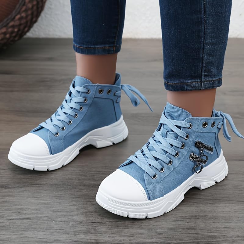 Women's Platform Side Zipper Design Canvas Shoes, Casual Lace Up Outdoor Shoes, Comfortable Valentine's Day Sneakers4