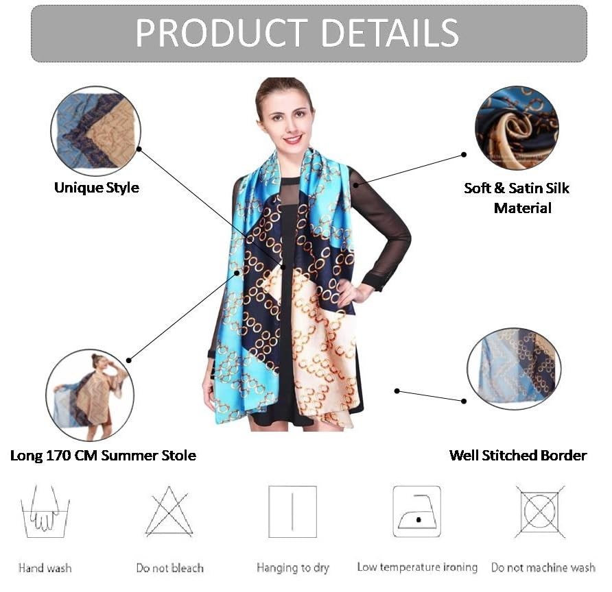 Image of Alexvyan Satin Silk Summer Scarves 170 x 84 cm, Blue & Beige Circle Pattern with Stitched Border, Lightweight Fashion Scarf for Women Sun Protection Stole.